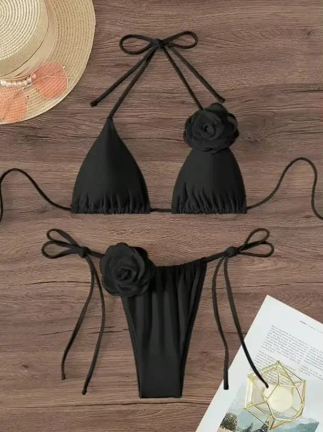 Maillot de bain deux pièces sexy à fleurs 3D pour femmes, bikini à bretelles licou, ensemble de baig