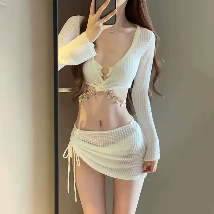 Ensemble Bikini quatre pièces pour femmes, Style jupe fendue à la mode, ajouré, conservateur, trempa