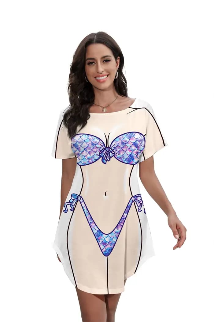 Nadanbao femmes sirène Bikini corps Pattrn T-shirt robe été Bikini couvrir robe à manches courtes Ba