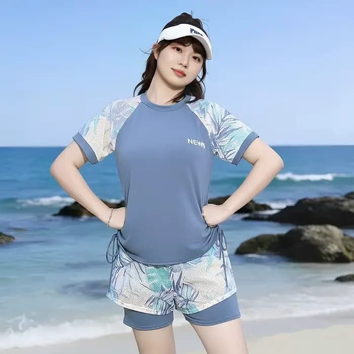 Ensemble tankini imprimé tropical, haut à manches courtes raglan avec cordon de serrage sur le côté 