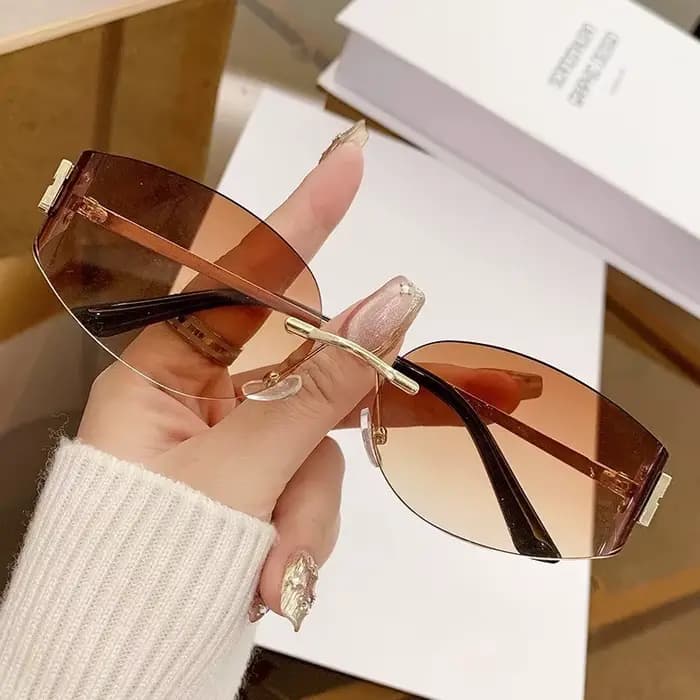 Lunettes de soleil ovales sans bords pour femmes, UV400, verres noirs dégradés surdimensionnés, mont