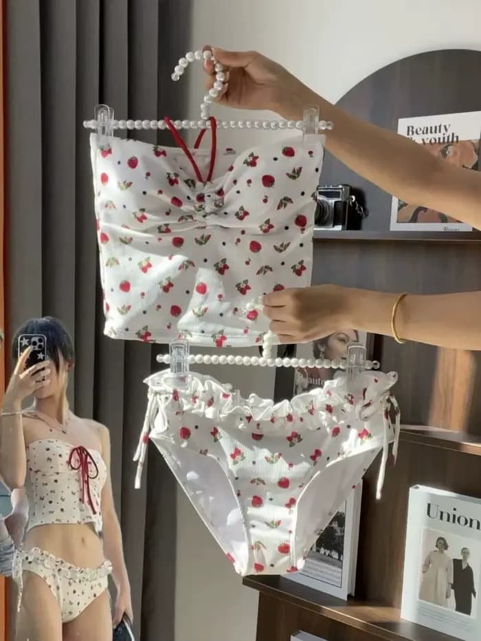 Maillot de bain de vacances pour femme, style bikini à bretelles, imprimé, froncé pour petites poitr
