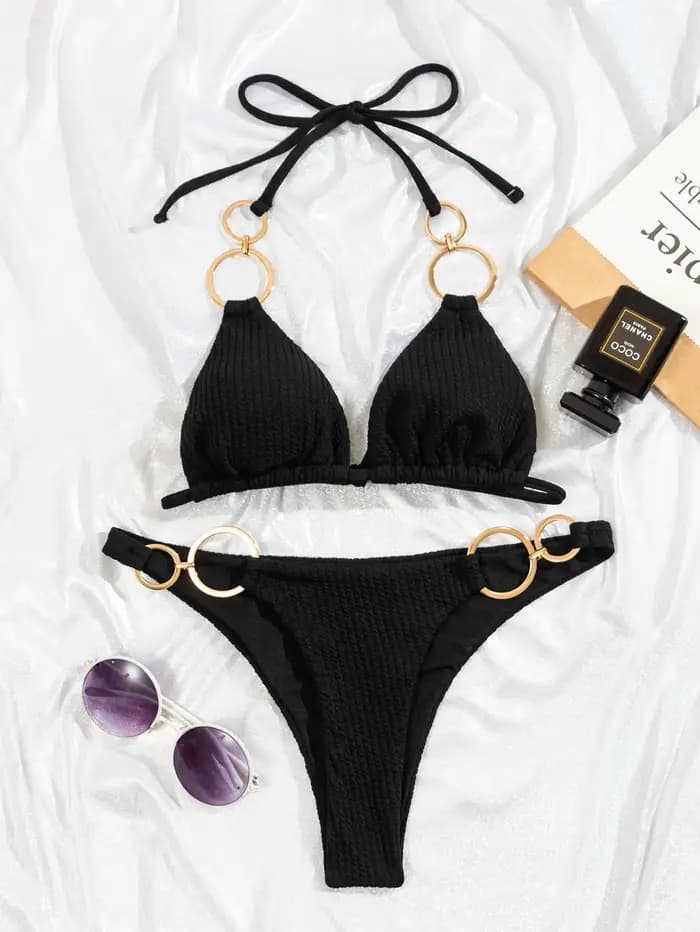 Melphieer 2025 été côtelé solide or lié anneaux concepteur Bikini maillot de bain de luxe licou Styl