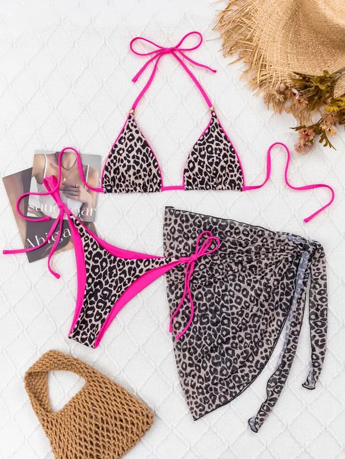Léopard trois pièces maillot de bain Sexy Bikini réglable maillots de bain été maillots de bain fémi