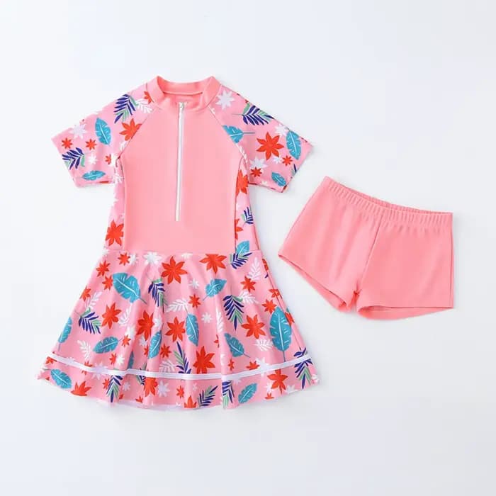 Maillot de bain 2 pièces pour filles, jupe et haut de protection solaire à manches courtes, motif fl
