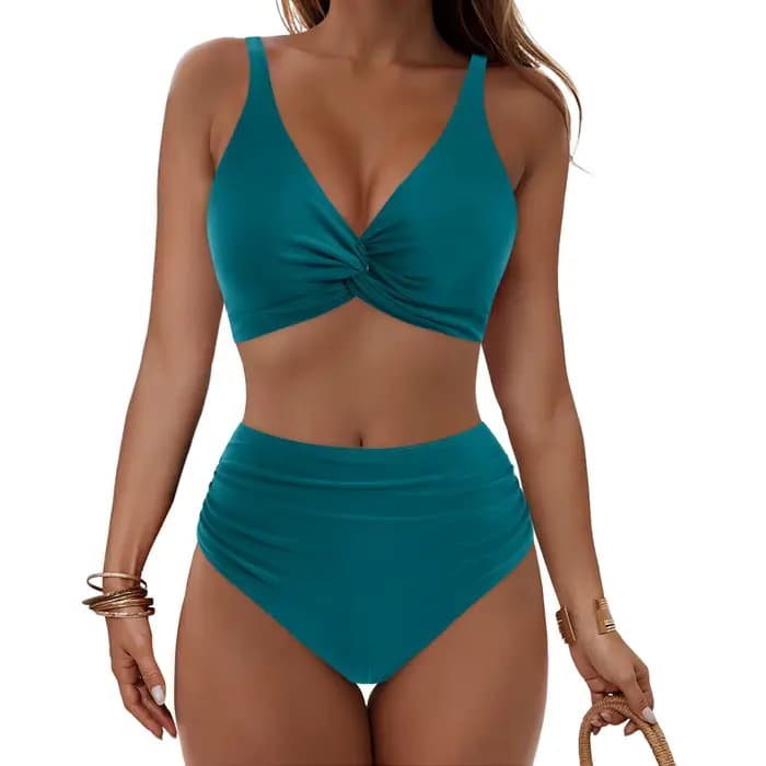 Ensembles de bikinis taille haute deux pièces, maillots de bain conservateurs à col en V pour l'été 
