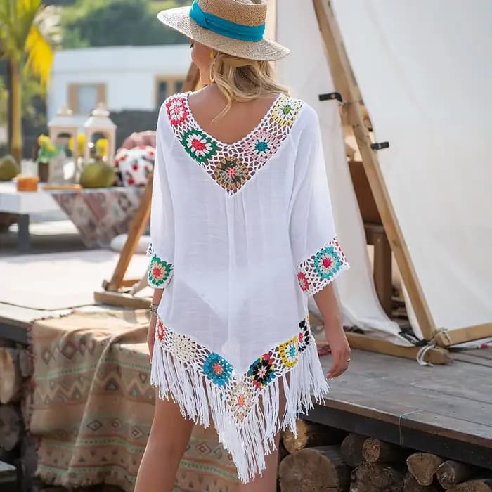 CROCHET BIKINI blanc Bikini couvrir avec frange garniture femmes Sexy creux tunique robe de plage ét