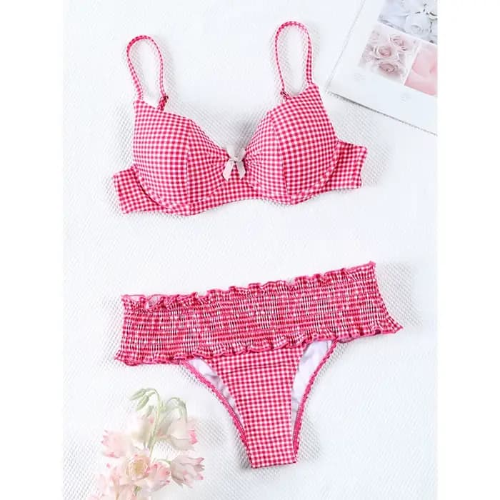 Maillots de bain plissés Miyouj Bow Bikinis 2026 pour femmes, ensemble bikini imprimé à carreaux, ma