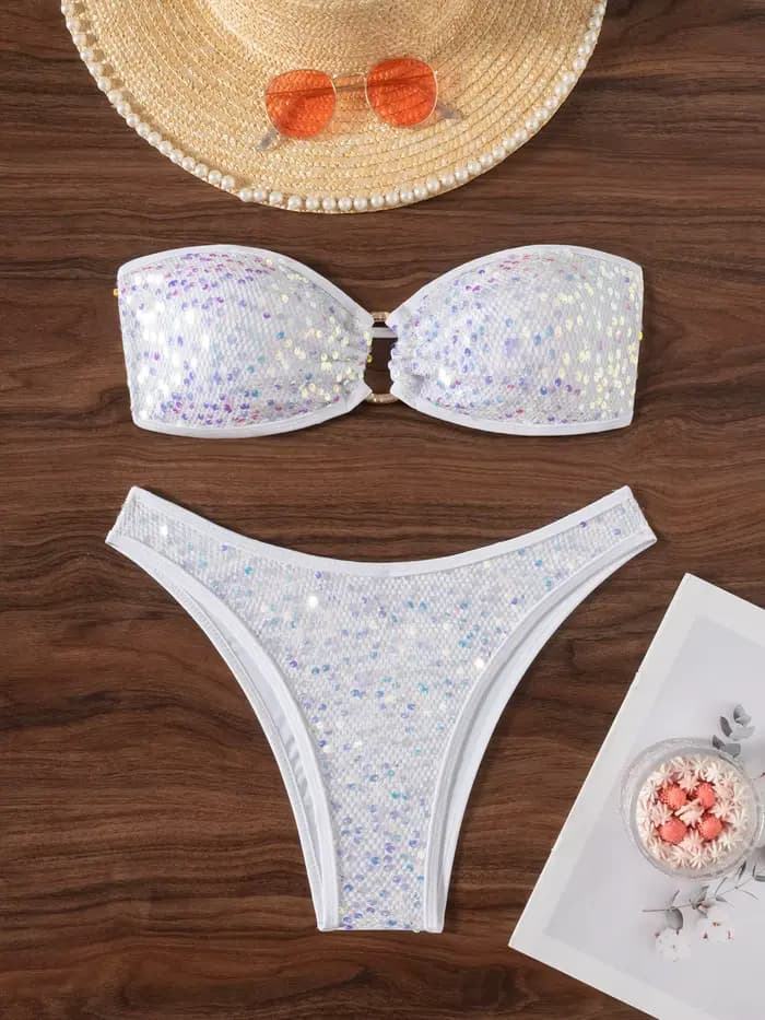 Bikini Bandeau Sexy 2026 pour Femme, Maillot de Bain Micro Push-Up à Paillettes Brillantes avec Anne