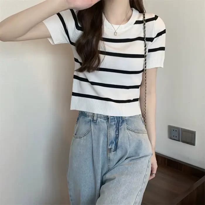 T-shirt à manches courtes tricoté rayé pour femmes, haut court d'été, nouveau Design Sense, Niche, c