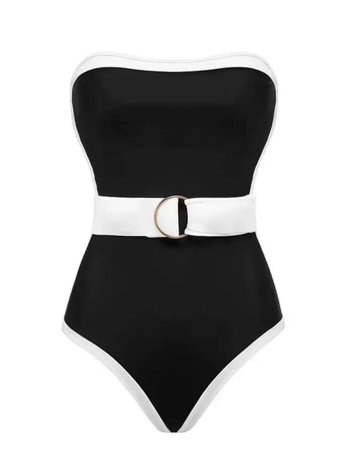Maillot de bain une pièce, couleur contrastée, noir et blanc, épaules dénudées, Monokini, pour femme