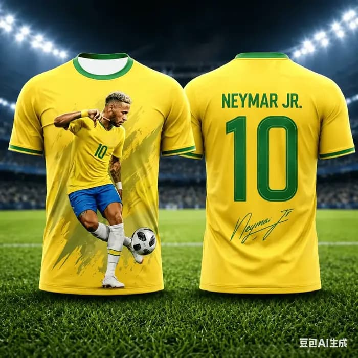 Neymar Jr # 10 Maillots de football de l'équipe nationale du Brésil, T-shirt jaune et vert à manches