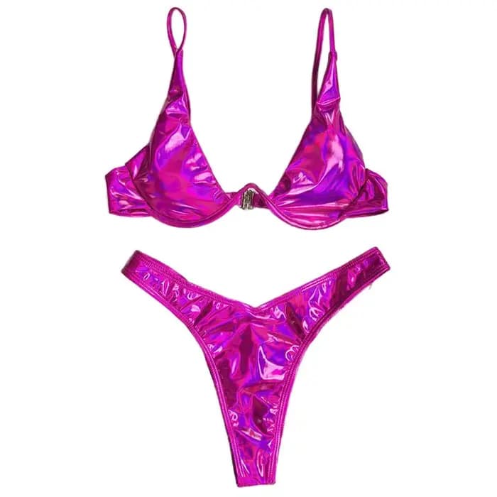 Maillot de bain brésilien Triangle à armatures pour femmes, ensemble deux pièces, brillant, holograp