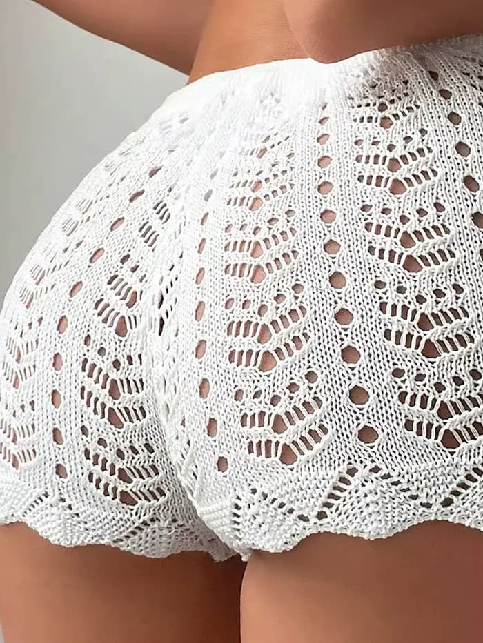 Short de Bikini tricoté avec cordon de serrage creux pour femmes, taille ouverte, Design bloc, coupe