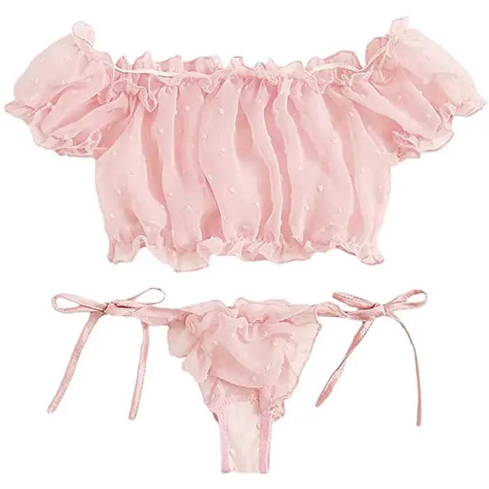 2 pièces épaules dénudées à lacets ensemble Bikini femmes doux décontracté à manches courtes maillot