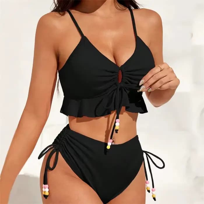 Maillot de bain bikini séparé pour femme, couleur unie, avec volants et bordure en dentelle, nouveau