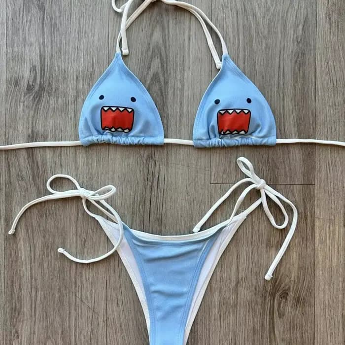 Maillot de bain bikini style Ins pour femme, bleu clair, imprimé requin, dos nu, à nouer sur les côt