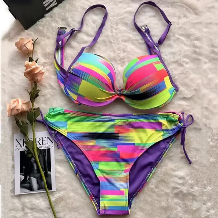 Maillot de bain sexy arc-en-ciel pour femmes, ensemble deux pièces, soutien-gorge push-up, style bré