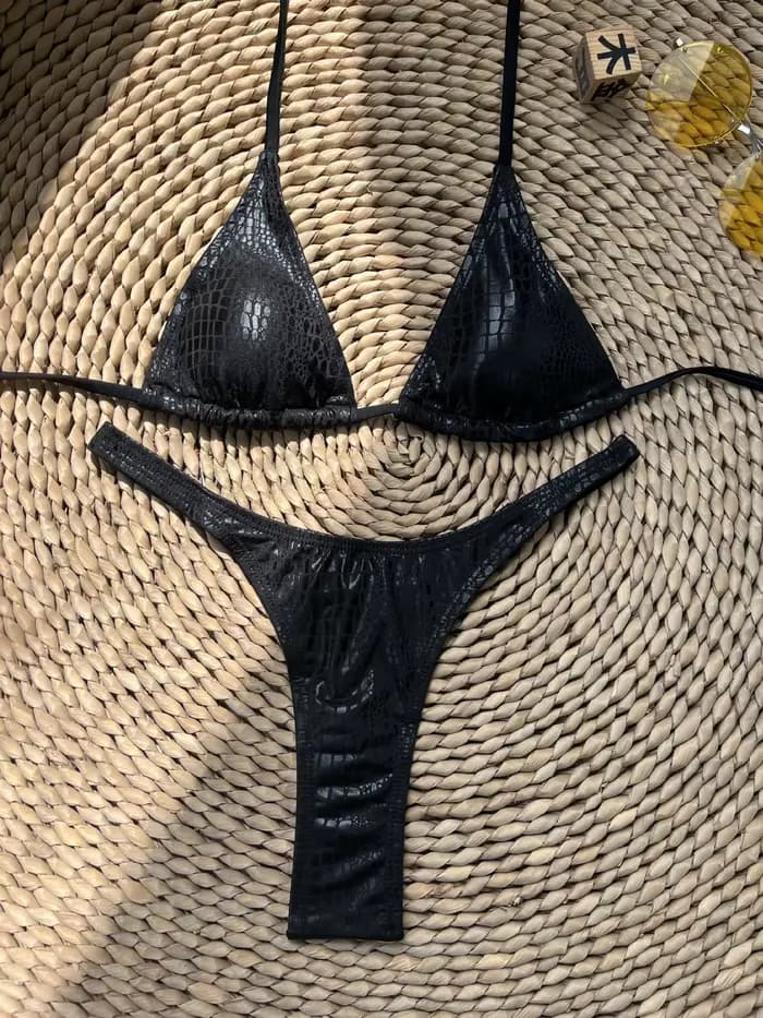 Sexy métallique noir peau de serpent micro bikinis ensembles deux pièces maillot de bain femmes sexy