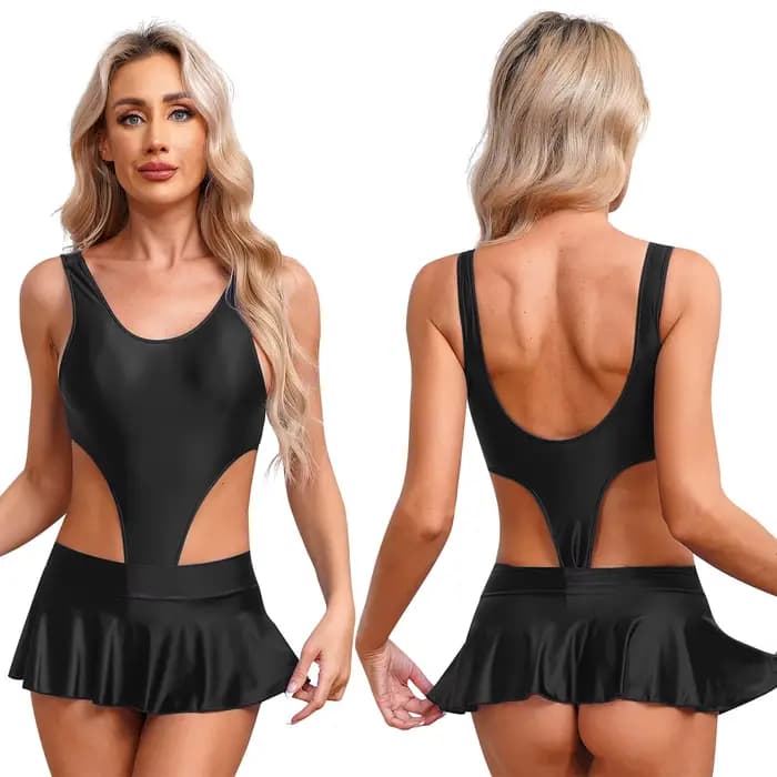 Maillot de bain brillant pour femmes, coupe haute, costume de batterie, mini jupe à volants, vêtemen