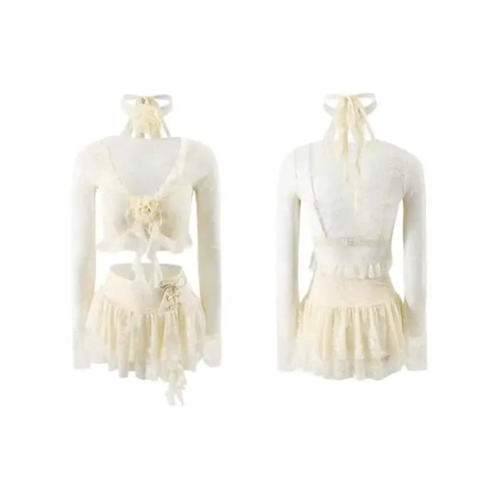 Maillot de bain à manches longues en dentelle à volants, style jupe fleurie, maillot de bain à volan