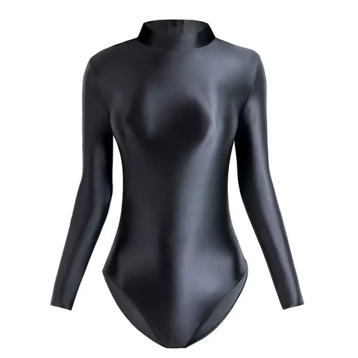 MJINM femmes soyeux brillant col haut dos fermeture éclair maillots de bain à manches longues une pi