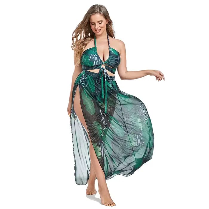 Ensemble Bikini surdimensionné pour femmes, imprimé léopard rouge, croisé, Push-Up, jupe en maille, 