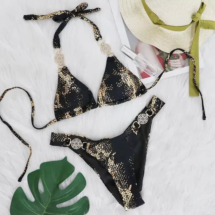 Peau de serpent imprimé licou diamant Bikini ensemble 2024 strass femmes maillots de bain licou Stri