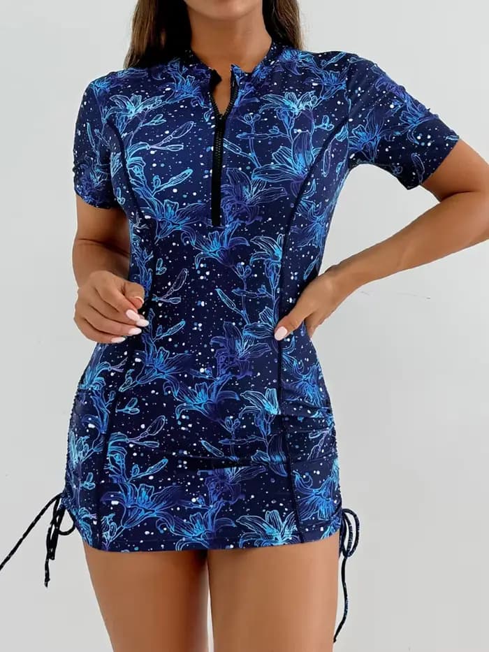 Maillot de bain deux pièces femme 2026 Nouveauté Manches courtes Imprimé Fermeture éclair Fendu Tail