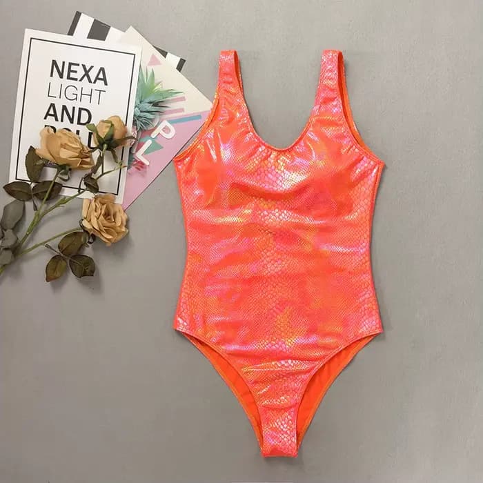 Maillot de bain une pièce imprimé peau de serpent Orange brillant, Sexy, col en U, amincissant, dos 