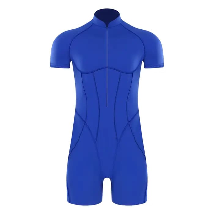 Hommes barboteuses body maillot de bain col montant avant fermeture éclair manches courtes Shorts ba