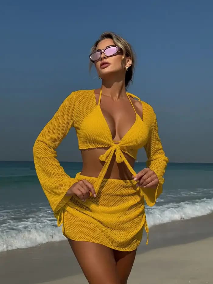 Solide Sexy Bikinis femme maillots de bain femmes quatre pièces maillots de bain plage maillot de ba