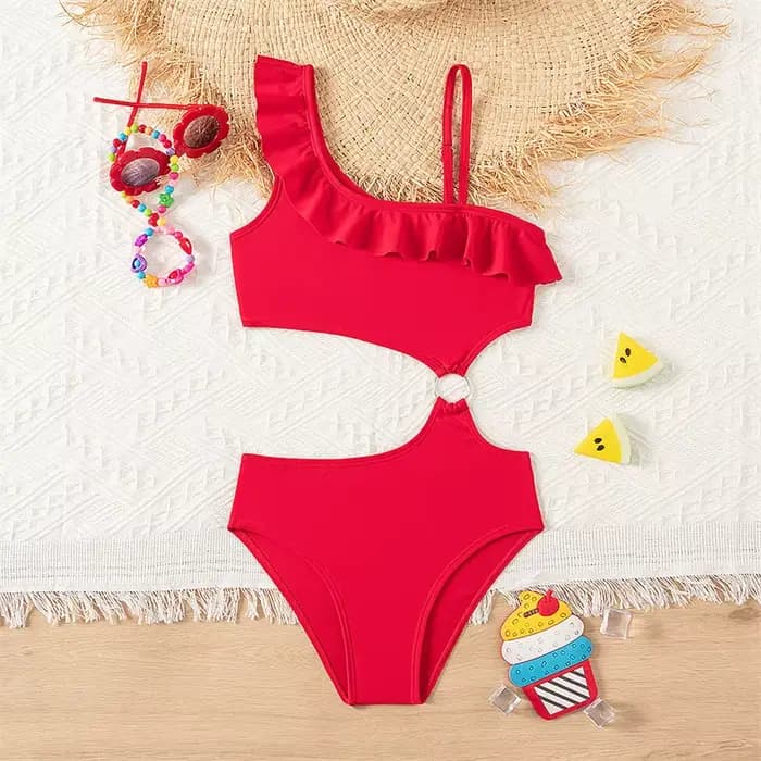 Bikini filles enfants maillots de bain une épaule volants maillots de bain couleur unie dos nu maill