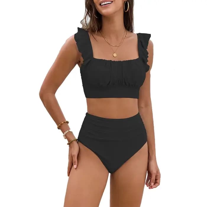 Ensemble Bikini 2 pièces taille haute pour femmes, maillot de bain à volants floraux, contrôle du ve