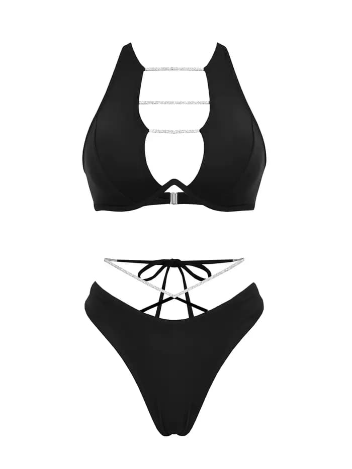 Bikini Chic à Bandes avec Jupe Courte Brillante, Maillot de Bain 3 Pièces Sexy à Découpes pour Femme
