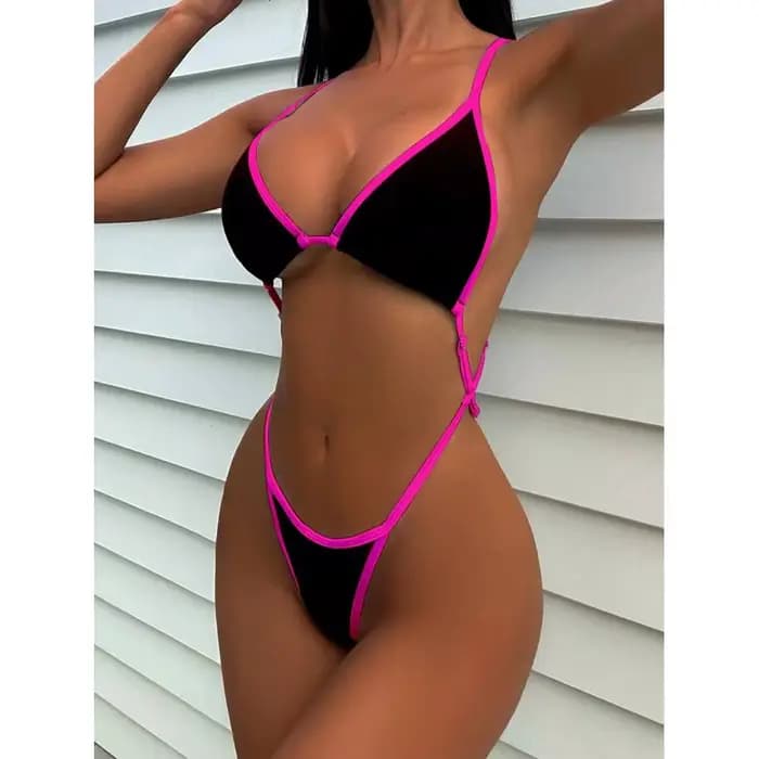 Cikini Summer Beach Maillot de bain une pièce avec bordure contrastée et col licou pour femme - Mail