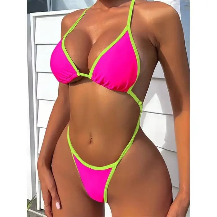 Cikini Summer Beach Maillot de bain une pièce avec bordure contrastée et col licou pour femme - Mail