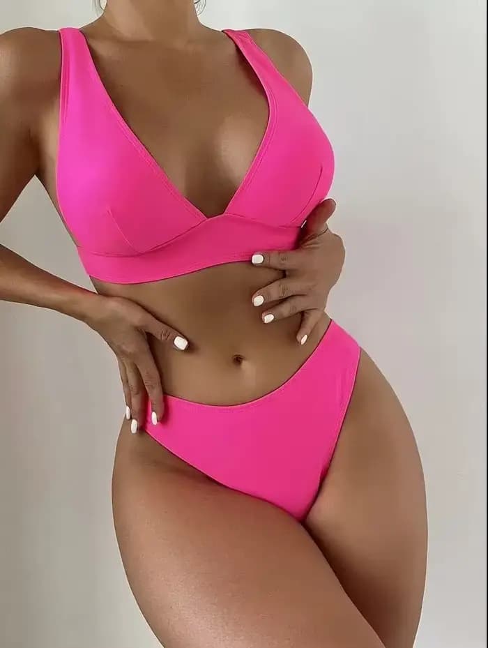Ensemble Bikini pour femmes, col en v, sangle arrière, bretelles réglables, taille haute, maillot de