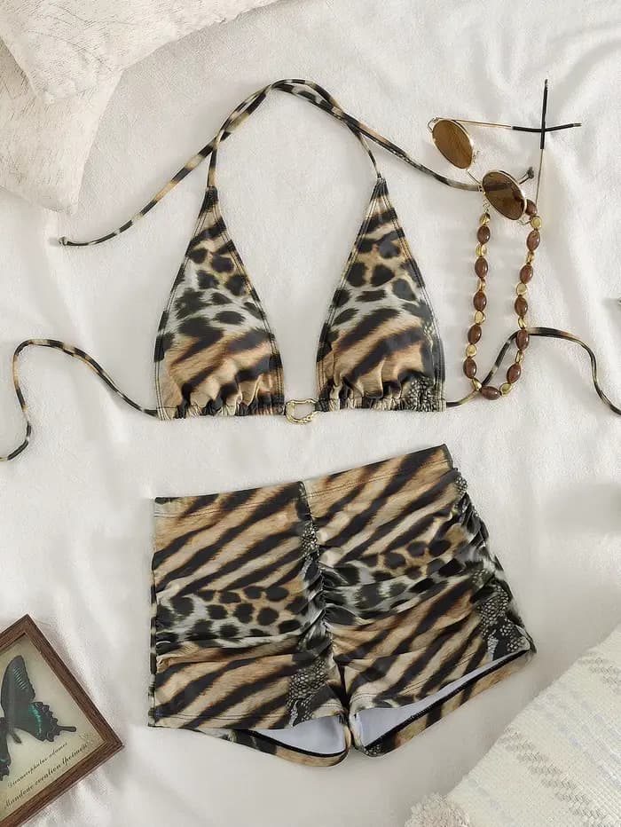 Ensemble bikini imprimé léopard et zèbre pour femmes, haut triangulaire à col licou avec short fronc
