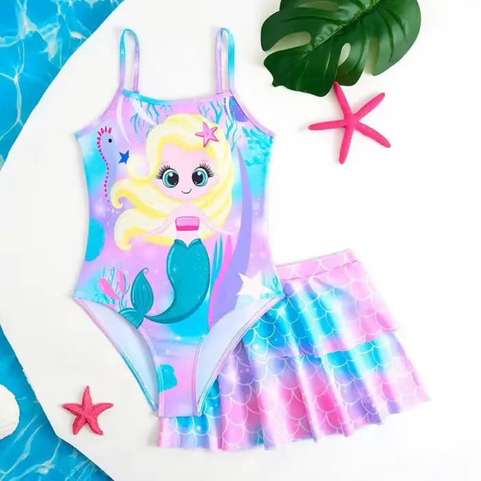 Maillot de bain une pièce imprimé sirène pour filles 2026 et jupe de plage pour enfants – Tenue de b