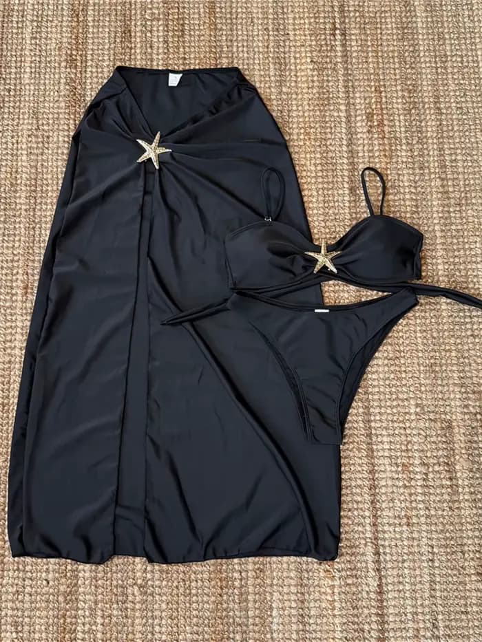 Maillot de bain bikini étoile en métal pour femme, ensemble trois pièces avec jupe, maillot de bain 
