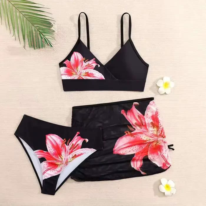 Maillots de bain pour adolescentes, ensembles de bikinis à taille haute à imprimé floral noir d'été 