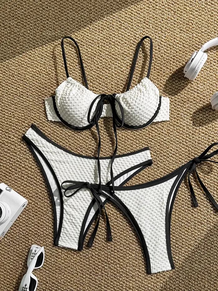 Ensemble bikini 3 pièces blanc 2026 pour femme, style halter taille haute, push-up, effet ventre pla