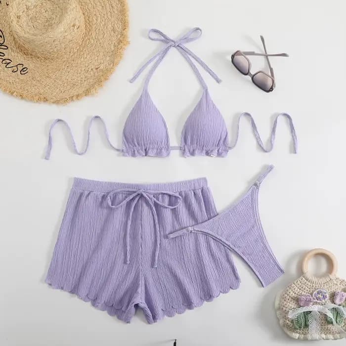 Ensemble de 3 pièces : Bikini string triangle 2026 pour femme, maillot de bain halter uni et sexy