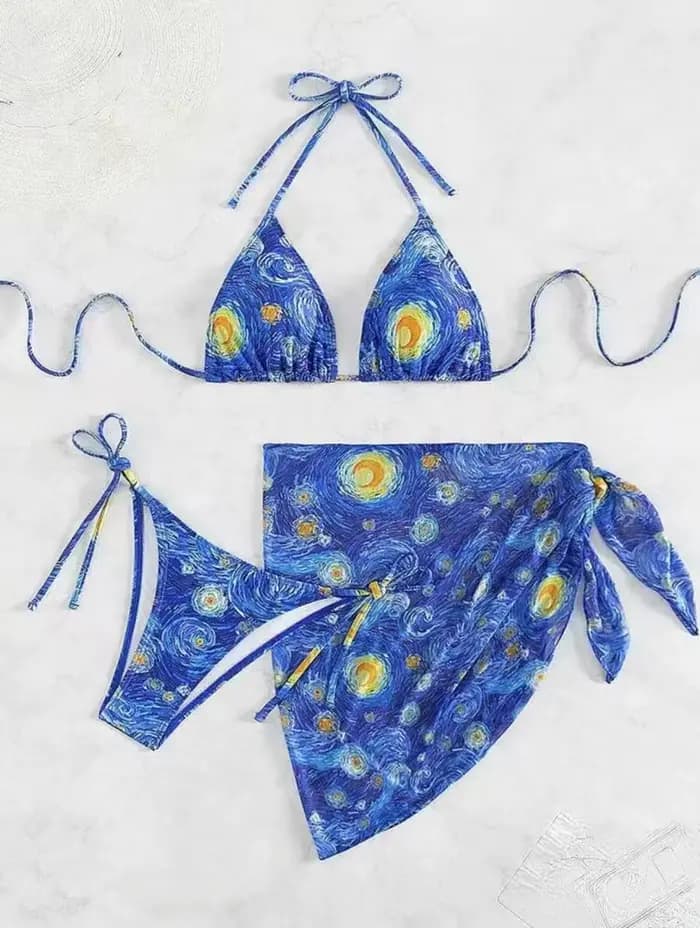 Maillot de bain trois pièces Feng Van Gogh Nuit étoilée, bikini tie-dye à col halter et bonnets tria