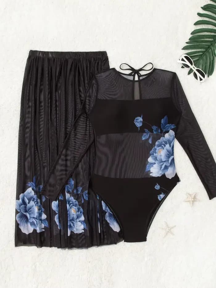 Maillot de bain une pièce à manches longues pour femmes, avec jupe, Protection UV, Protection contre