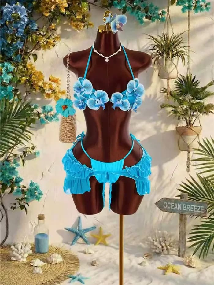 Ensemble de bikinis vintage bleu à fleurs 3D pour femmes, maillot de bain 3 pièces avec jupe en mail