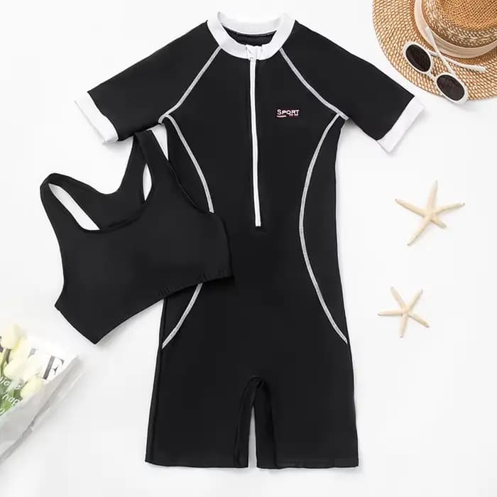 Maillot de bain une pièce pour filles, manches courtes, couleur unie, noir, pour adolescentes et enf