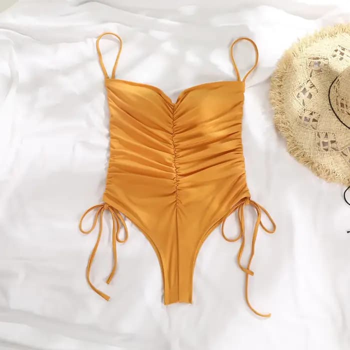 Maillot de bain une pièce sexy plissé avec cordon de serrage, monokini pour femme, couleur unie, épa