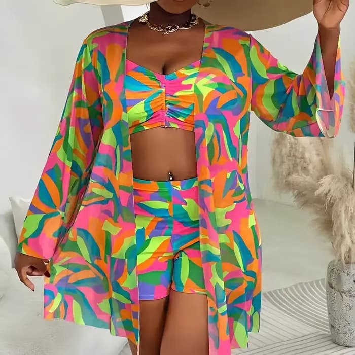 Maillot de bain grande taille 2026 pour femme, bikini taille haute et kimono, ensemble 3 pièces, pou